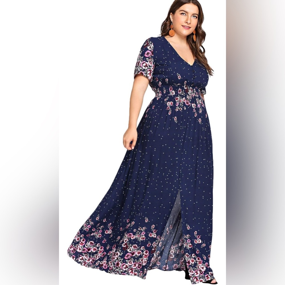 Romwe Plus Size Floral Buttons Short Sleeve Split Flowy Maxi Dress Navy 1XL